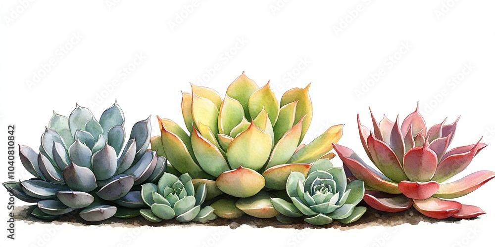 A row of vibrant succulent plants in a variety of colors, isolated on a white background. A row of vibrant succulent plants in a variety of colors, isolated on a white background.