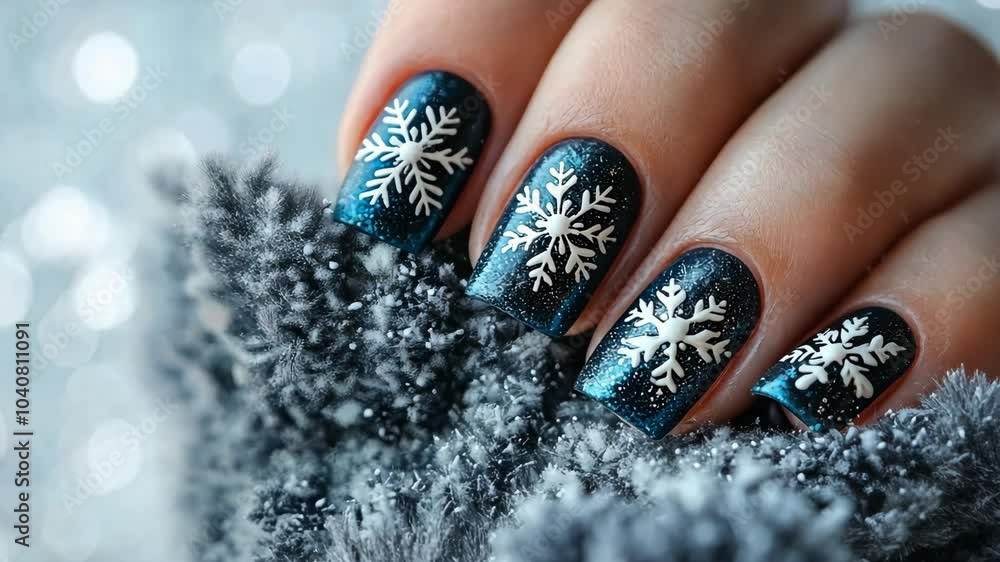 A close-up of a hand with blue nail polish and white snowflake designs A close-up of a hand with blue nail polish and white snowflake designs