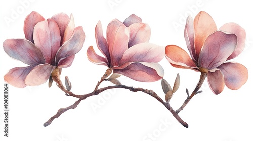 Three pink magnolia flowers in bloom on a branch, painted in watercolor style.