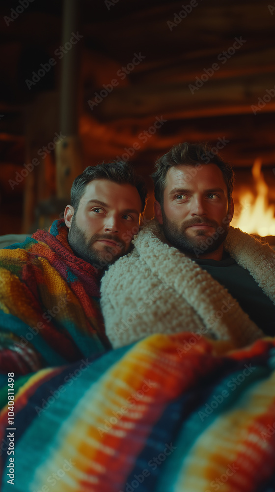 a gay couple relaxing together on a couch with a blanket by the fireplace during winter, sharing love and affection