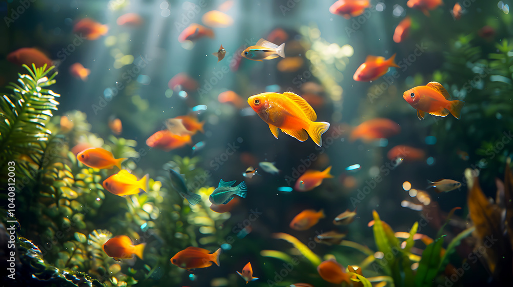 Colorful Fish Swimming in Exotic Tank Environment Colorful Fish Swimming in Exotic Tank Environment