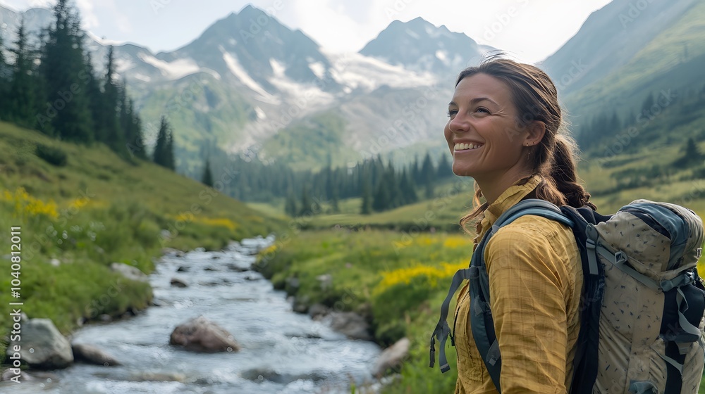 Naklejka premium Beautiful woman hiker enjoying amazing landscapes near wild mountain river.