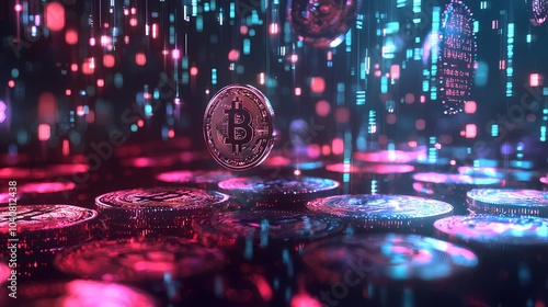 Bitcoin coins falling through glowing neon abstract background photo