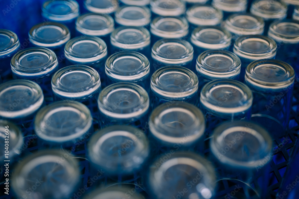 Stacked glass cups placed upside down, creating a clean and organized display Stacked glass cups placed upside down, creating a clean and organized display