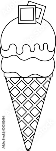 Yummy street food, confectionery snacks outline. Cone waffle with filling, icecream balls in cup, ice-cream in cone outline. Colorful Ice Cream Illustration Outline. Desserts, sweet eating set. 