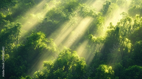 Sunlight rays stream through a lush green forest canopy.