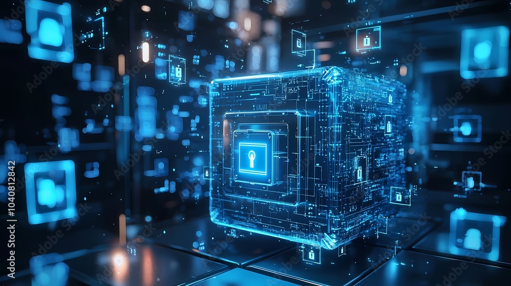 A Glowing Blue Cube with a Lock Icon on a Dark Circuit Board A Glowing Blue Cube with a Lock Icon on a Dark Circuit Board