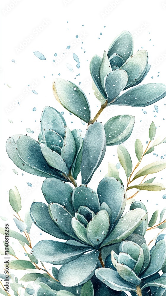 Watercolor painting of a succulent plant with green leaves and a white background. Watercolor painting of a succulent plant with green leaves and a white background.