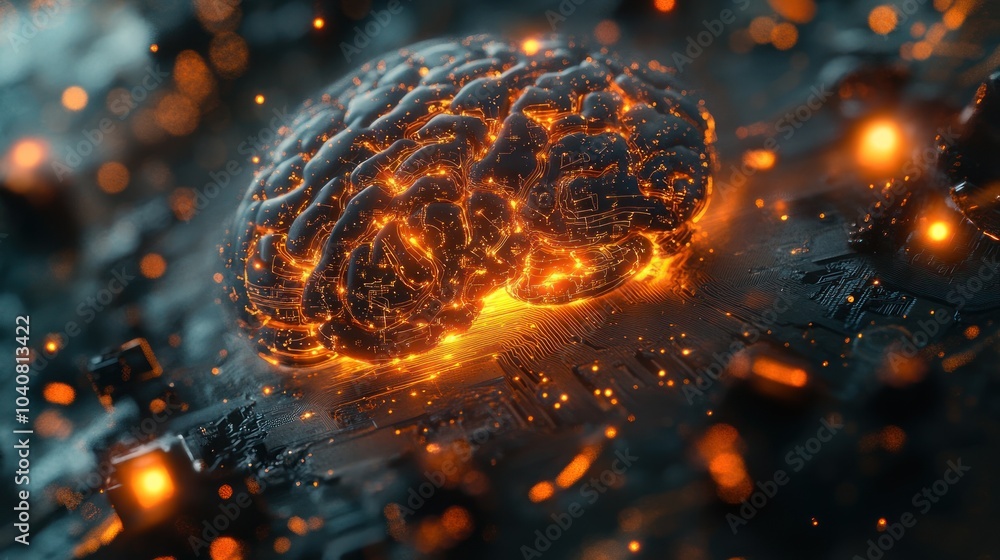 A 3D rendering of a glowing, fiery human brain on a circuit board, suggesting the power of the mind and artificial intelligence.