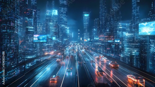 Neon-lit city highway at night with blurred cars and tall buildings.