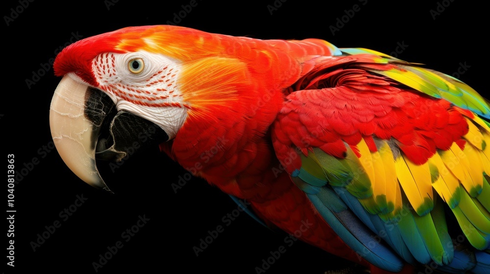 Obraz premium Captivating closeup of a vibrant macaw with stunning plumage against a sleek black backdrop. Natures beauty shines bright