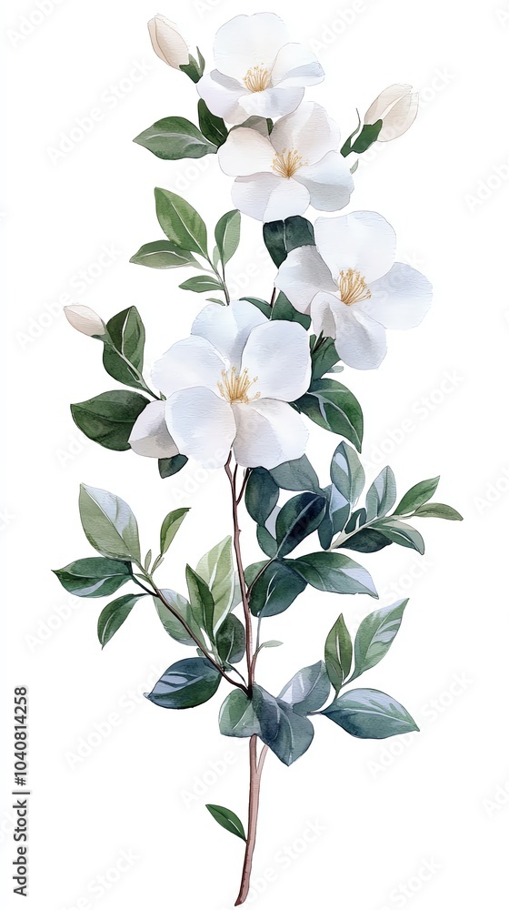 A delicate sprig of white flowers with green leaves, rendered in a painterly style. A delicate sprig of white flowers with green leaves, rendered in a painterly style.
