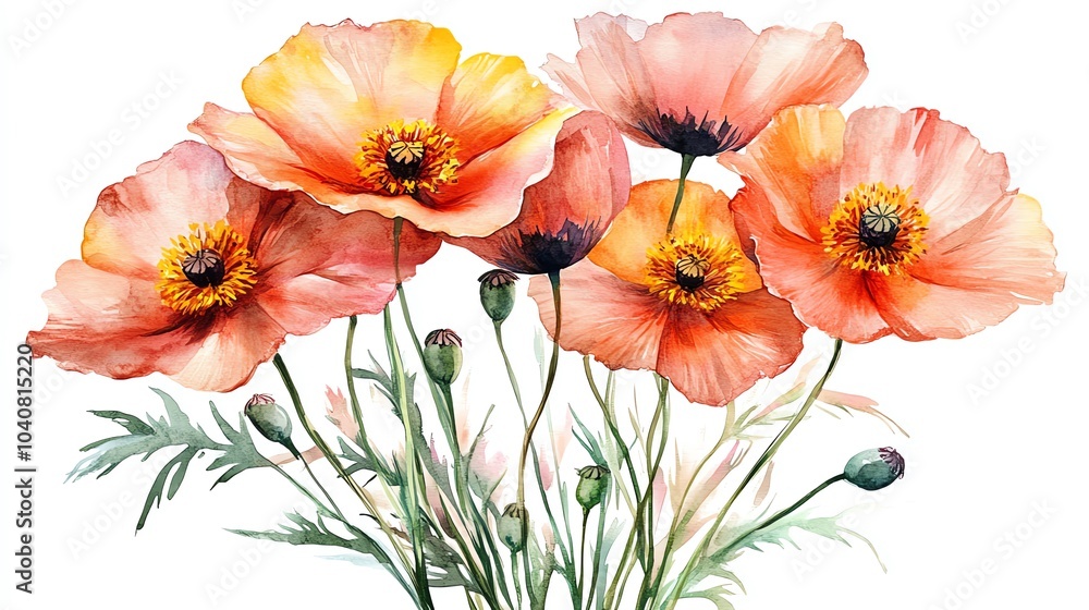 A cluster of five vibrant orange poppies with green stems and leaves isolated on a white background. A cluster of five vibrant orange poppies with green stems and leaves isolated on a white background.