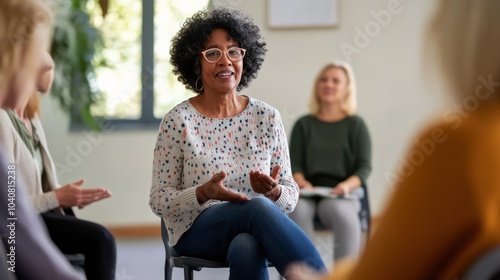 A healthcare worker leading a mental health support group session in a community center, with participants sharing and supportive environment, Supportive style