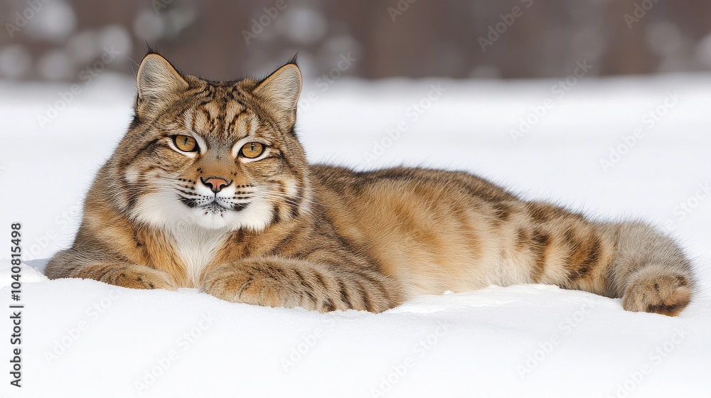 Bobcat resting on snow in winter landscape Bobcat resting on snow in winter landscape