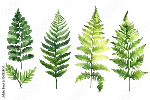 Watercolor illustration of five green fern leaves isolated on white background.