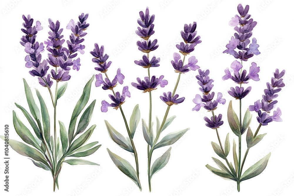 Naklejka premium Watercolor illustration of five lavender flowers with green leaves, isolated on white background.