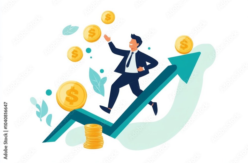 Cartoon Man in Business Attire Running on an Upward Arrow, Holding Coins and Reaching for the Sky: A Symbol of Growth and Success. Cartoon Man in Business Attire Running on an Upward Arrow, Holding Coins and Reaching for the Sky: A Symbol of Growth and Success.