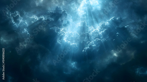 Abstract Background with Blue Clouds and Light Rays