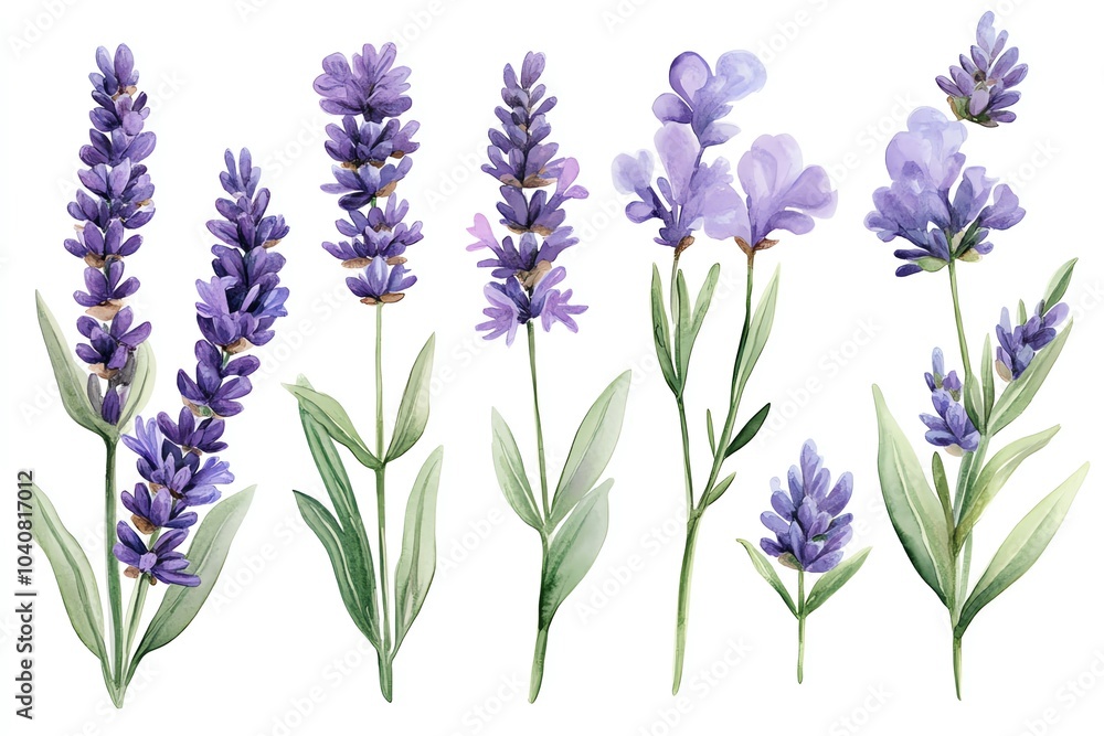 Naklejka premium A set of six watercolor illustrations of lavender flowers with green leaves on a white background.