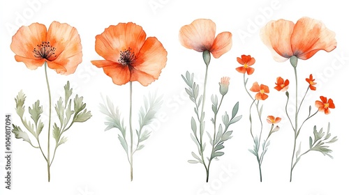 Watercolor illustration of four orange poppies with green leaves and stems isolated on a white background.