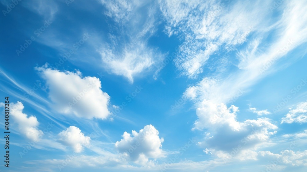 A bright blue sky with puffy white clouds and wispy cirrus clouds. A bright blue sky with puffy white clouds and wispy cirrus clouds.