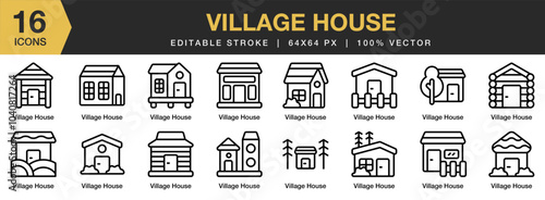 Village House icon set. Editable Stroke Icon Collection. Includes Building, House, Landscape, Place, Village, and More. Outline icons vector collection.