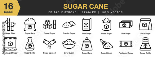 Sugar Cane icon set. Editable Stroke Icon Collection. Includes bowl, box, glass, pack, powder, sugar bottle, and More. Outline icons vector collection.