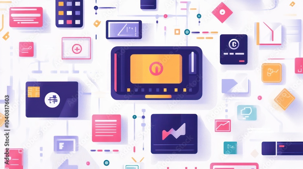A colorful illustration of digital technology icons, including a phone, computer, and other devices, connected by lines. A colorful illustration of digital technology icons, including a phone, computer, and other devices, connected by lines.