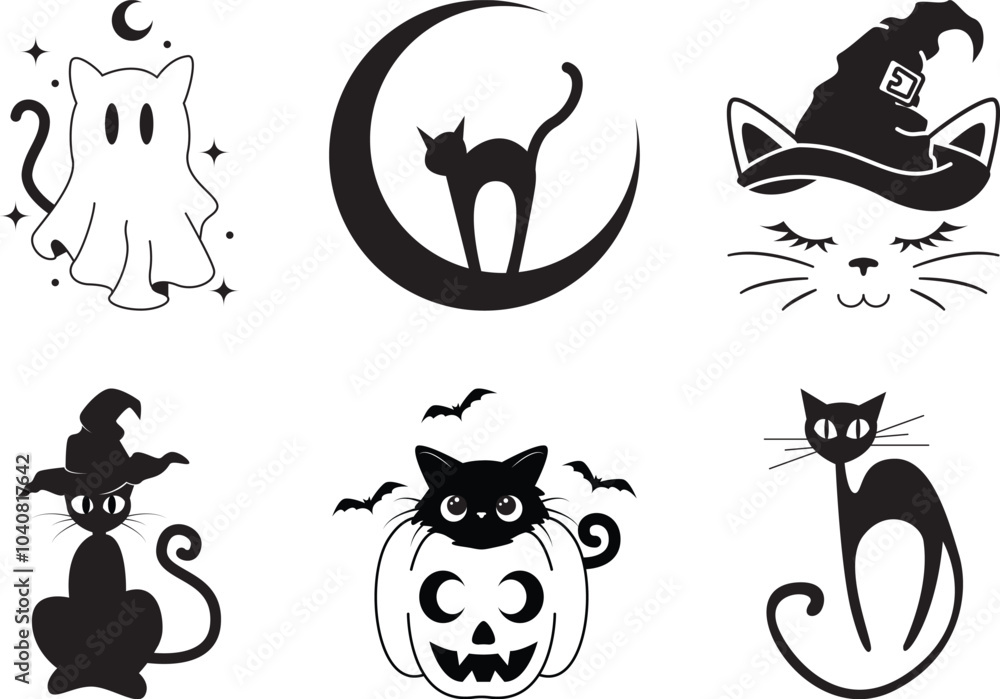 Obraz premium Halloween Cat set of six. Cat in the moon, witch cat, cat in a jack-o-lantern, ghost cat and lanky.