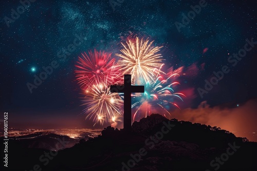 New Year and Christmas Festival Fireworks Over Mountain Cross Silhouette at Night photo