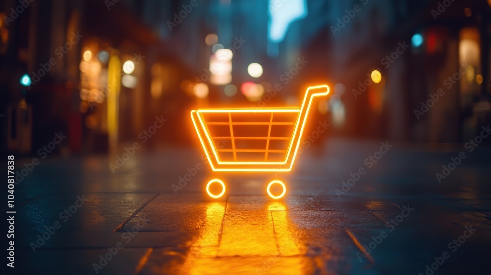 Glowing Digital Shopping Cart Icon in Urban Setting Glowing Digital Shopping Cart Icon in Urban Setting