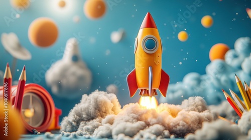 Colorful Rocket Launch Among Planets and Clouds