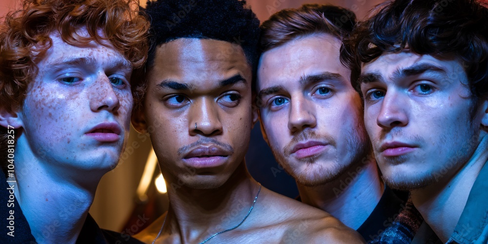 four young men with unique facial features and expressions. four young men with unique facial features and expressions.