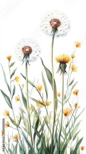 Watercolor painting of two white dandelions with yellow flowers and green leaves on a white background.