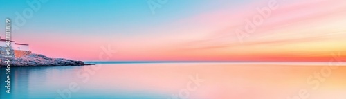 A serene coastal scene showcases calm waters reflecting a pastel sunset sky, blending shades of blue, pink, and orange.