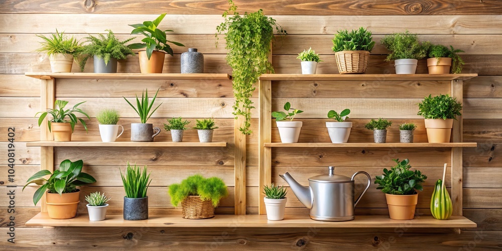 A Rustic Wooden Shelf Display Featuring A Variety of Lush Green Plants And A Polished Metal Watering Can A Rustic Wooden Shelf Display Featuring A Variety of Lush Green Plants And A Polished Metal Watering Can