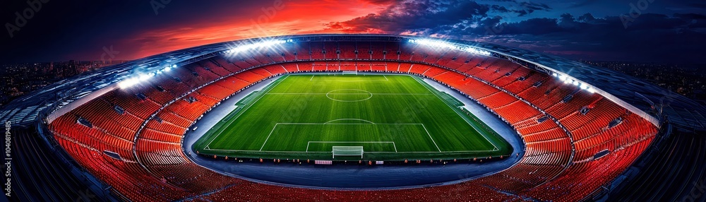 Fototapeta premium A dramatic aerial view of a vibrant soccer stadium under a sunset sky.