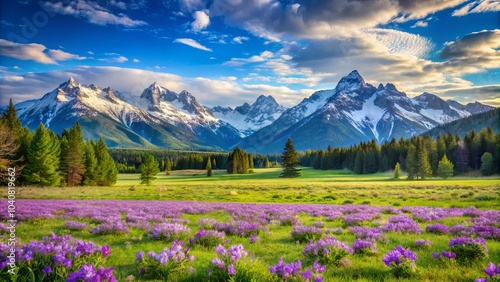 A sprawling field of purple wildflowers, with a picturesque backdrop of snow-capped mountains and lush green forests, bathed in the golden glow of a late afternoon sun.