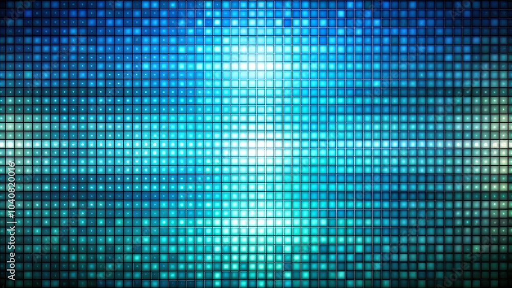 Abstract digital mosaic of luminous turquoise squares radiating outwards from a central point of light Abstract digital mosaic of luminous turquoise squares radiating outwards from a central point of light