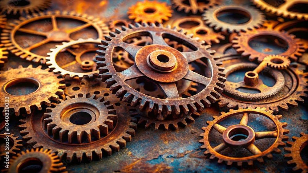 A Close-up View of Interlocking Rusty Cogs Displaying the Complexity of Mechanical Interaction A Close-up View of Interlocking Rusty Cogs Displaying the Complexity of Mechanical Interaction