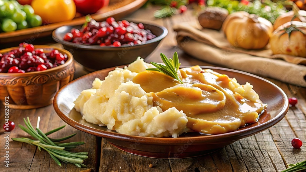 A close-up shot of creamy mashed potatoes topped with savory gravy and a sprig of rosemary, set against a backdrop of rustic wood and a hint of cranberry sauce. A close-up shot of creamy mashed potatoes topped with savory gravy and a sprig of rosemary, set against a backdrop of rustic wood and a hint of cranberry sauce.