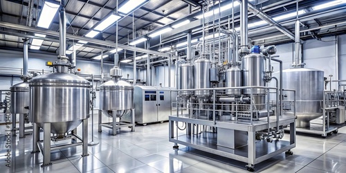 A sterile, highly illuminated industrial space featuring interconnected stainless steel vats and piping, indicative of a controlled manufacturing environment.