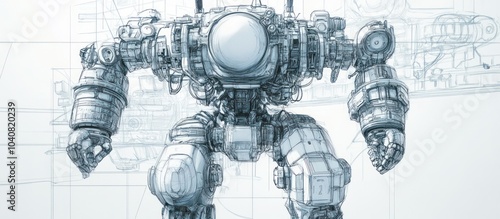 Detailed sketch of a futuristic robotic machine with a large round screen on the chest. photo