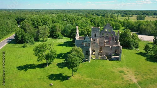 Aerial 4K video from drone to Ungru manor a sunny summer day. Haapsalu, Estonia (Series) photo