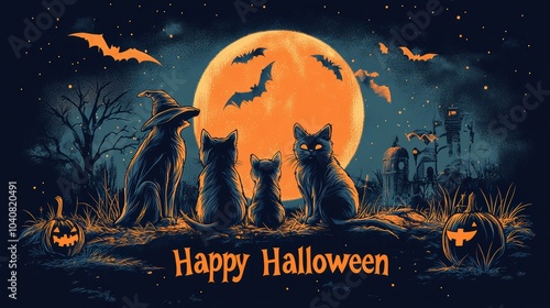 A spooky Halloween scene featuring four cats silhouetted against a large orange moon, with bats and pumpkins adding to the festive atmosphere.