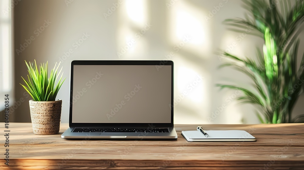 Laptop, Notebook, Pen, and Plant on a Wooden Desk Laptop, Notebook, Pen, and Plant on a Wooden Desk