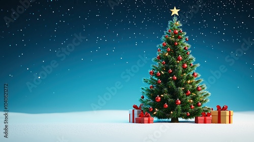 Christmas tree with decorations and gifts on a snow-covered ground under a starry night sky.