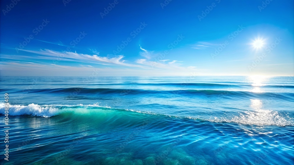 Obraz premium A tranquil seascape with gentle waves lapping against the shore, illuminated by the warm glow of the sun peeking through a clear blue sky.