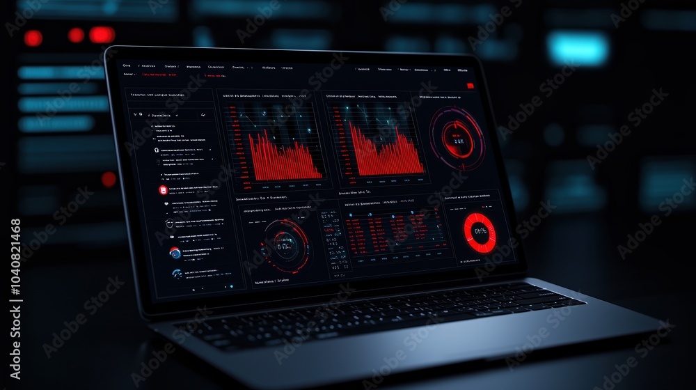 Close-up of a sleek laptop displaying vibrant data analysis dashboards in a dark environment. Close-up of a sleek laptop displaying vibrant data analysis dashboards in a dark environment.